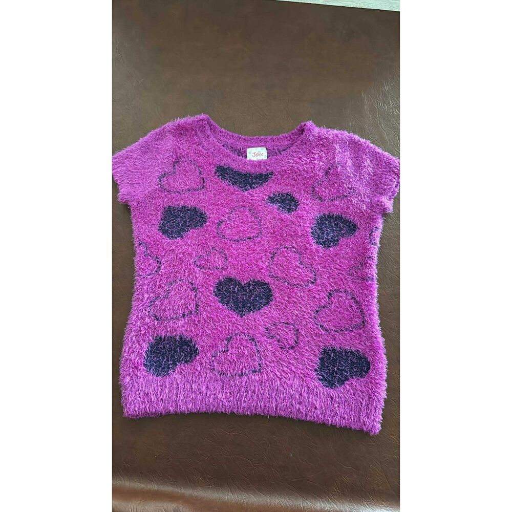 Justice Girls Short Sleeve top Size 14 Purple Black hearts